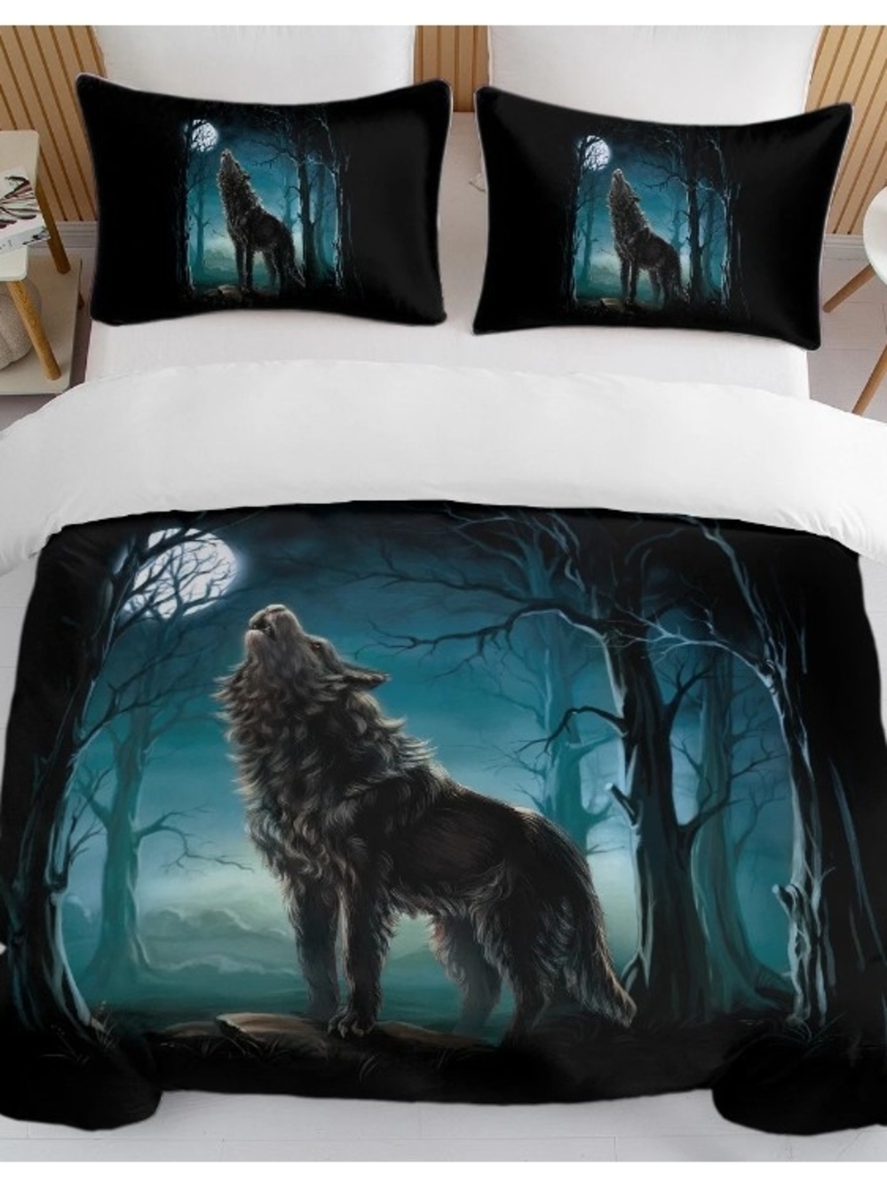 Howling Wolf Bedding Set - Black & Teal Comforter with Pillowcases